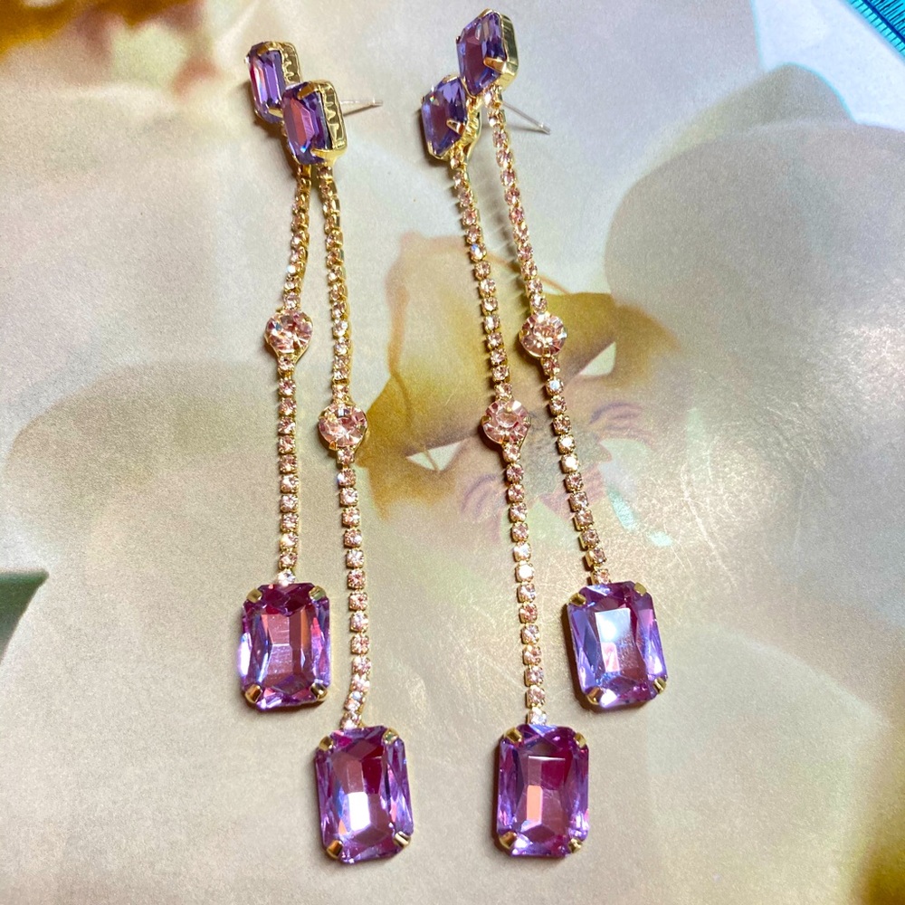 Long Crystal Purple Rhinestone Earrings - Picture 4 of 5